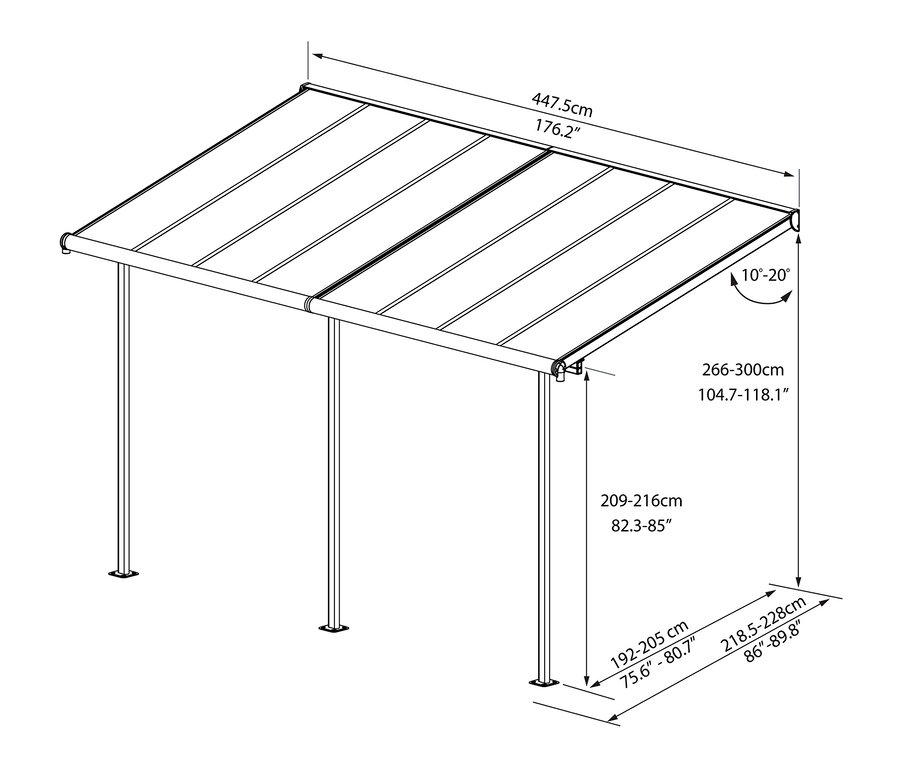 Skizze einer grauen Terrassenüberdachung »Sierra«, ca. 447 x 230 cm.