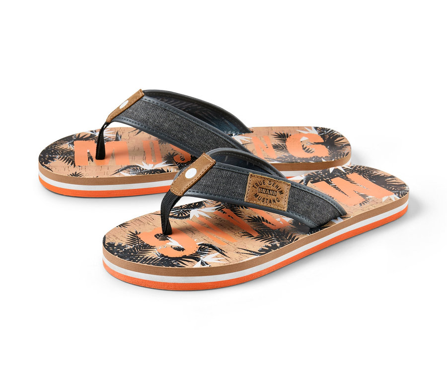 Zwei Zehentrenner »Mustang« mit orangefarbenem Tropenmuster auf weißem Hintergrund.