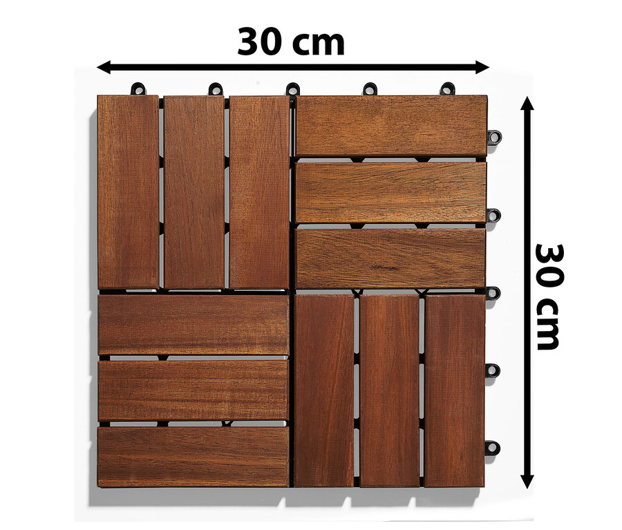 Quadratisches Bild von vier braunen 30 cm x 30 cm Holzfliesen.