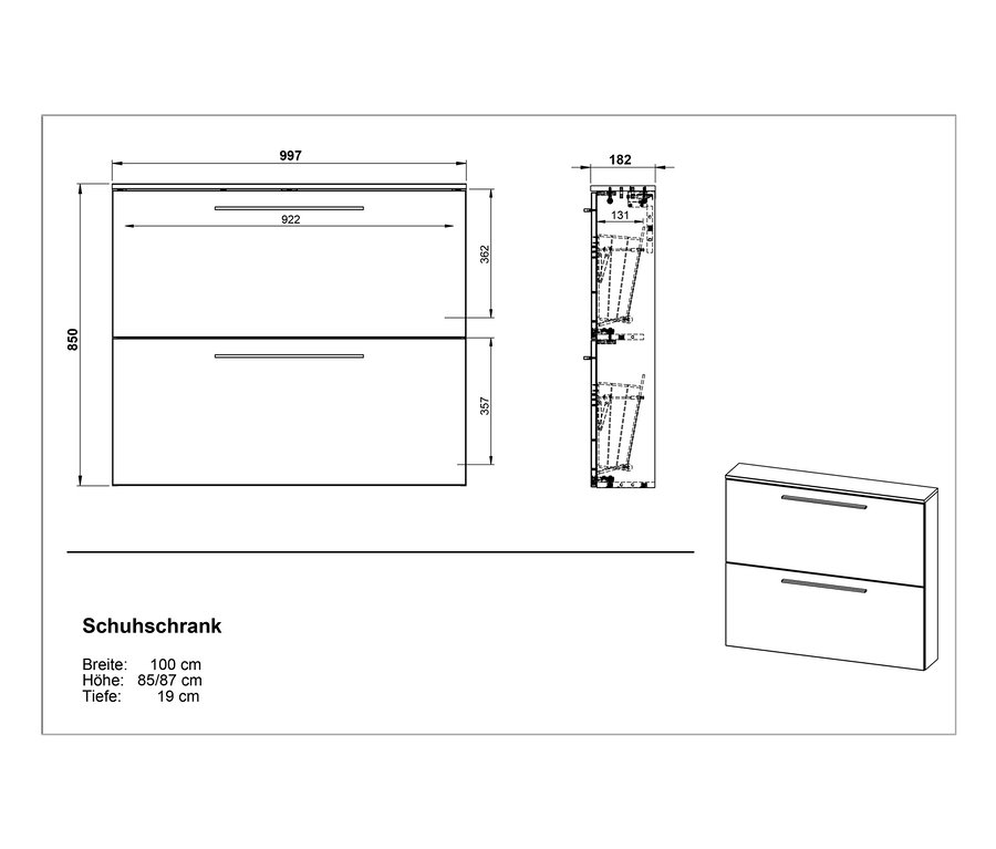 Diagramme des kleinen Schuhschranks »WILDOMAR 3883« in Graphit und Weiß.