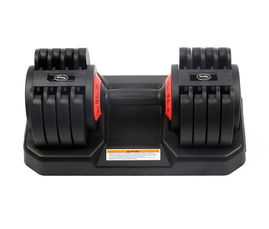 Eine schwarze, verstellbare Body Coach Hantel von 3–25 kg auf einem weißen Hintergrund.