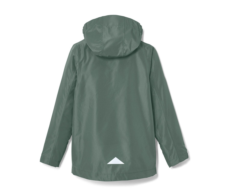 Rückansicht einer grünen Allwetterjacke.