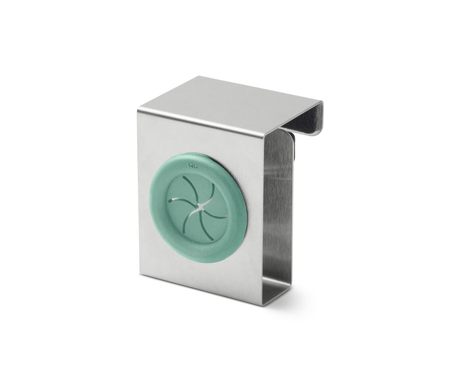 Ein Geschirrtuchhalter aus Edelstahl mit türkisfarbenem Silikonring.