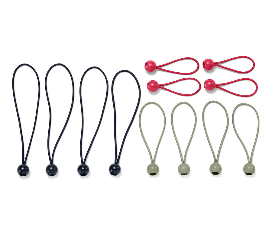 Zwölf Spanngummis mit Kugel in Schwarz, Rot und Grün.