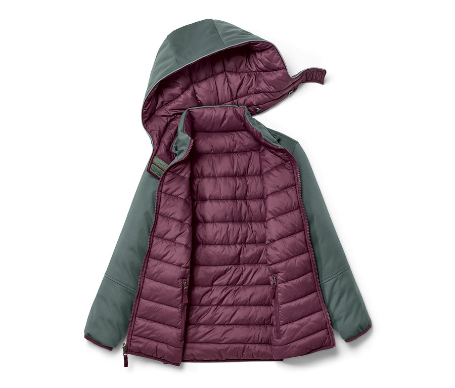 Geöffnete 2-in-1-Kinder-Softshell-und-Steppjacke in Graugrün und Lila.