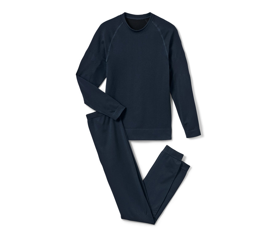 Marineblaue Kinder-Seamless-Funktionsunterwäsche liegt auf einem weißen Hintergrund.