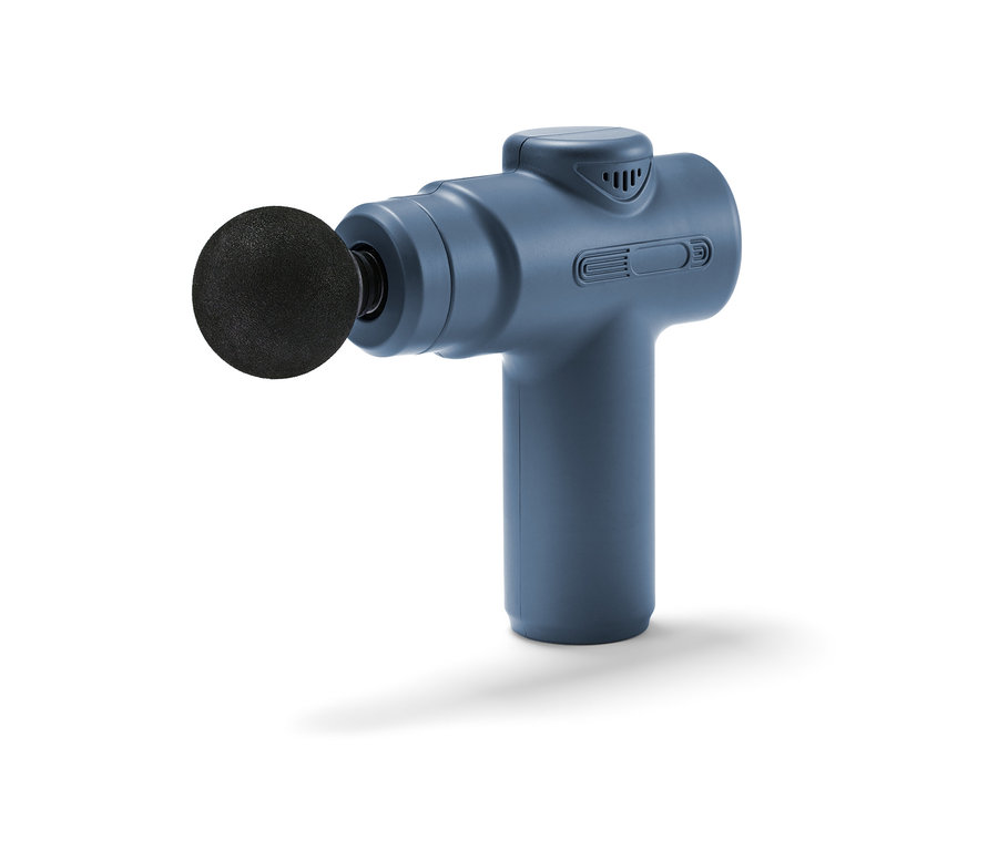 Eine blaue Mini-Massagepistole auf weißem Hintergrund.