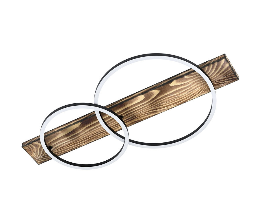 Zwei kreisförmige LED-Leuchtelemente sind an einer rechteckigen Holzbasis befestigt. Eglo 2er-LED-Deckenleuchte »Boyal«.