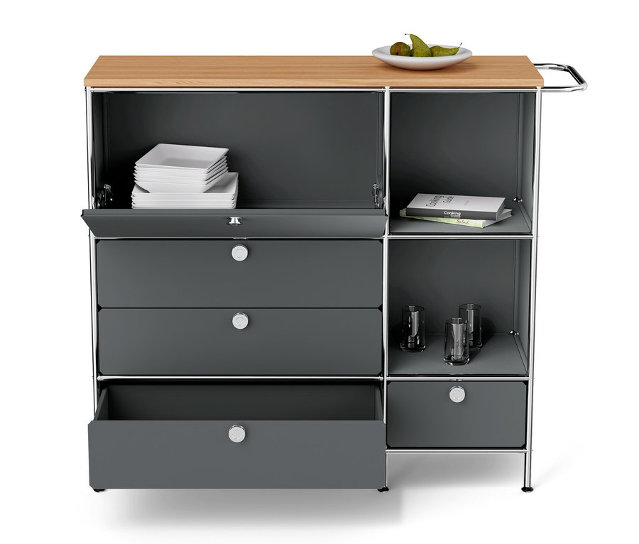 Graues Sideboard Metall »CN3« mit Holzplatte, 1 Klappenfach und 4 Schubladen.