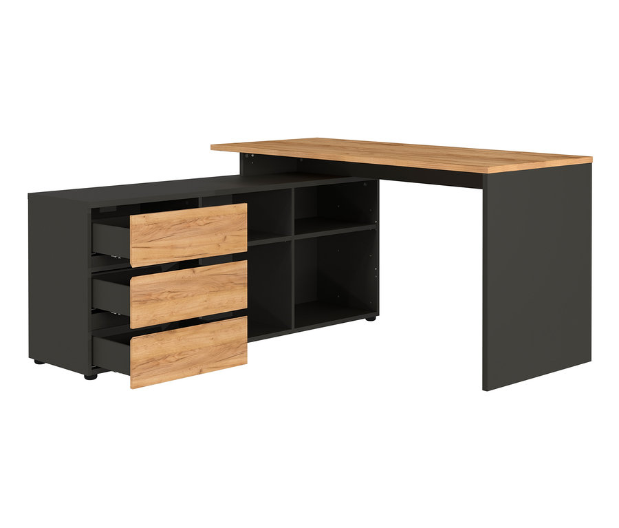 Winkelschreibtisch »Lissabon« mit Holzschubladen und schwarzen Regalen.