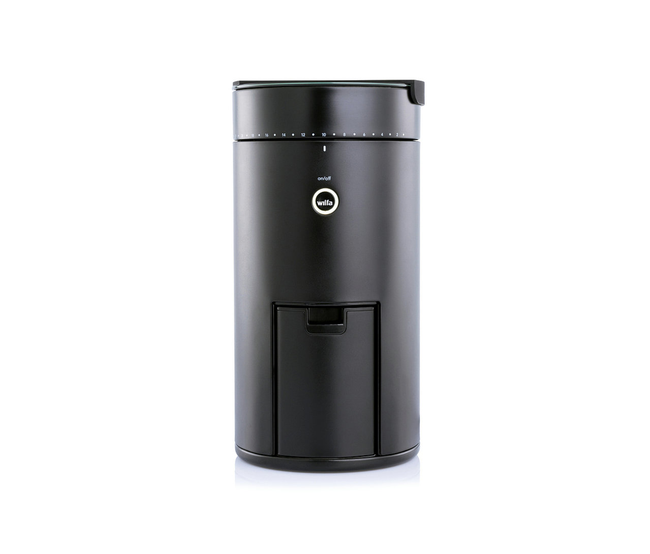 Eine schwarze Wilfa Kaffeemühle »Svart Uniform+« auf weißem Hintergrund.