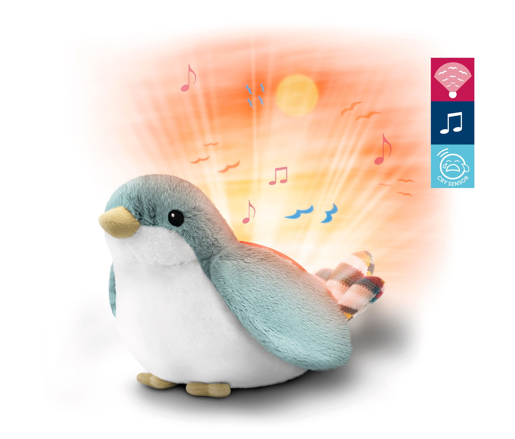 Der Zazu Projektor »Shally der Spatz« projiziert Musiknoten und Vögel.