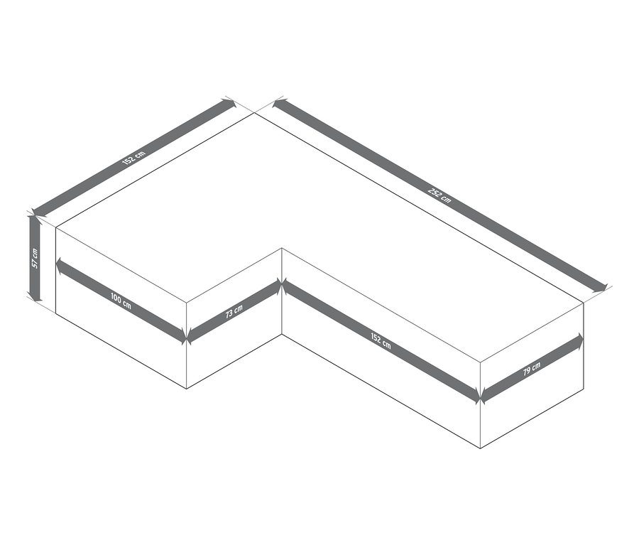 Eine Skizze der Premium-Abdeckhaube für große Lounge-Ecken mit den dazugehörigen Maßen.