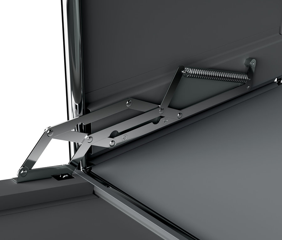 Detail einer grauen schmalen Kommode Metall »CN3« mit Klappfach und Holzplatte.