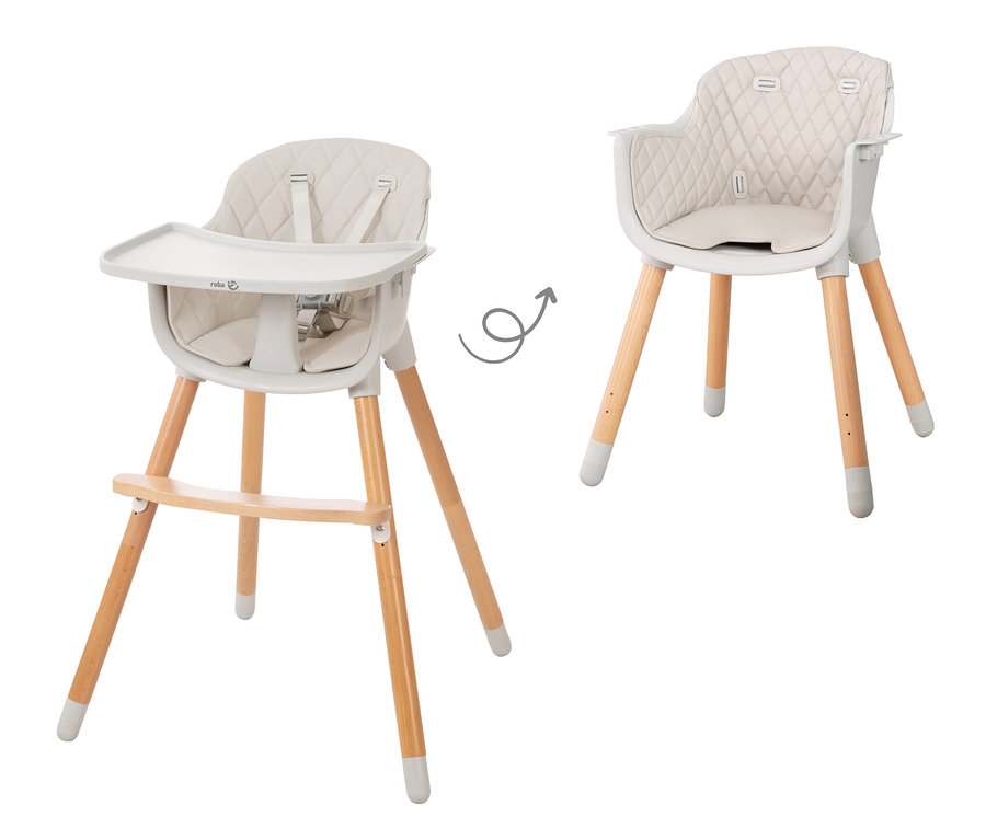 Ein 2-in-1-Kinderhochstuhl »Style Up wood« mit Holzbeinen und einem grauen Sitz.