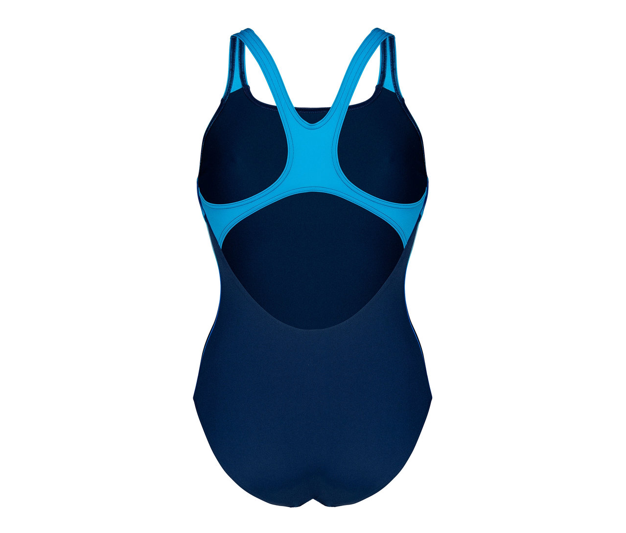Detailansicht der Rückseite des arena Performance Damen Badeanzugs Two Sides Swim Pro Back in Blau und Türkis.