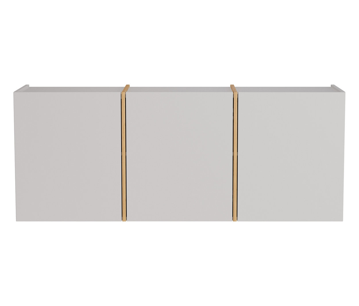 Drei graue Schränke mit dünnen goldenen Streifen nebeneinander.