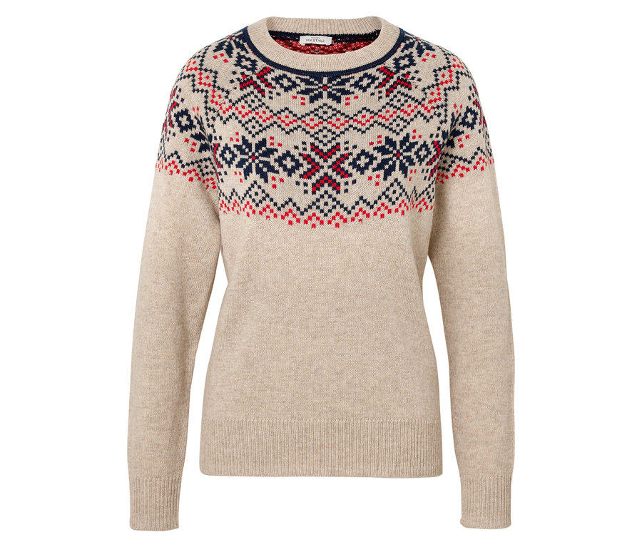 Ein beiger Pullover mit Weihnachtsmuster.