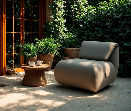 Außenaufnahme mit Domo Collection Drehsessel mit Sunbrella®-Stoff, Flanelle.