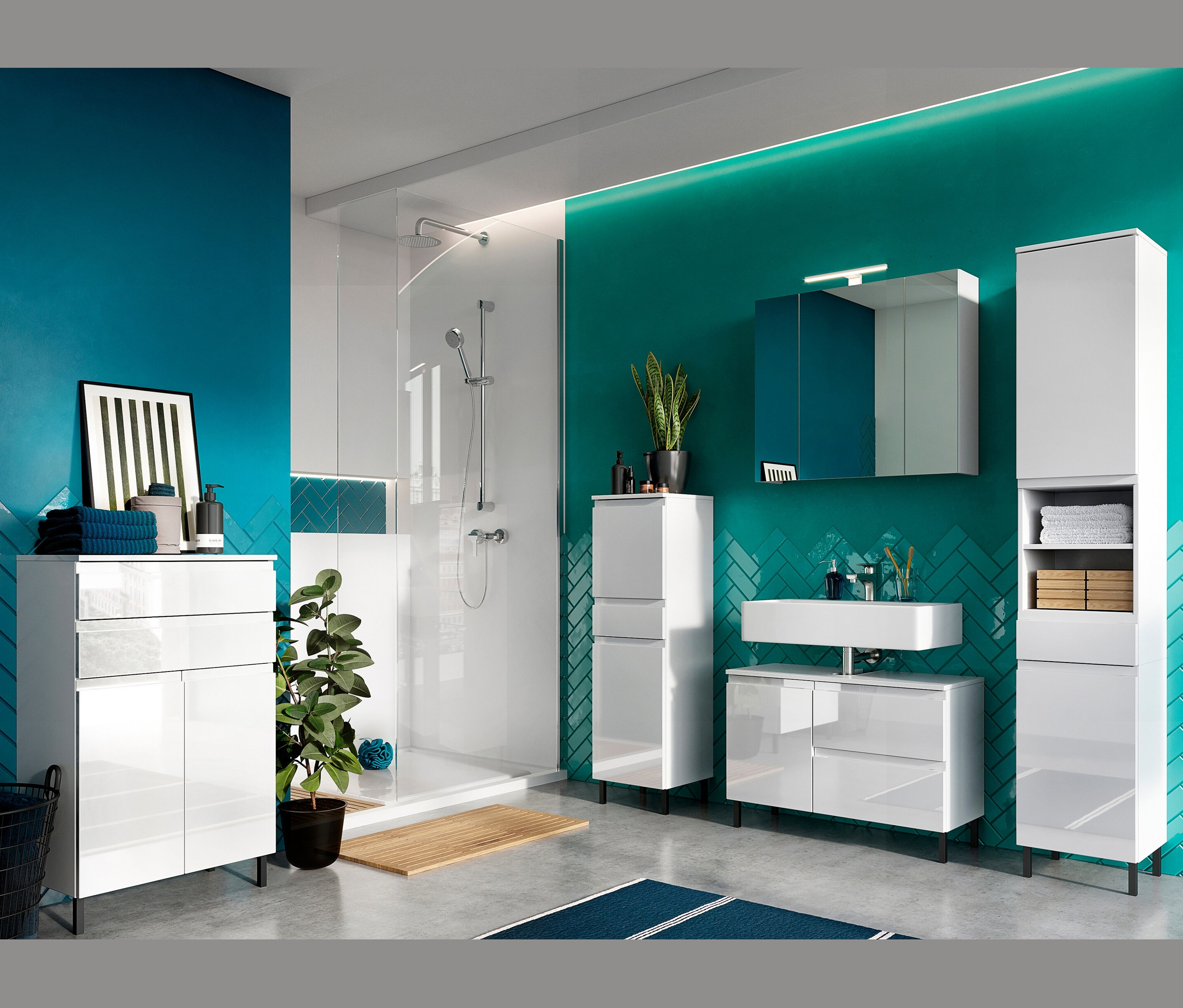 Badezimmer mit weißem Waschbeckenunterschrank »Salinas«, groß, und kleinem, weißen Schrank »Salinas«.