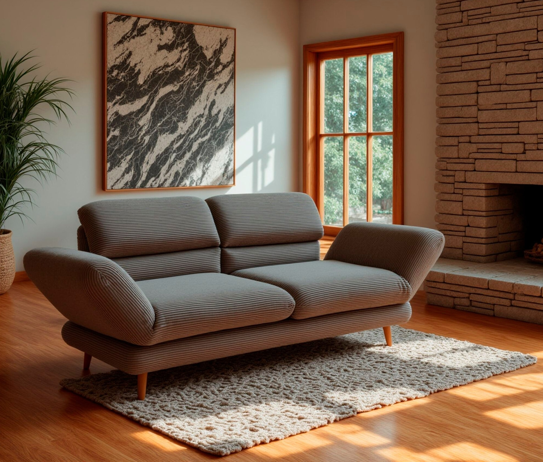 Wohnzimmer mit grauem DOMO 2-Sitzer-Sofa »FuAR«, drehbar, dunkelgrau, Pflanzen und Kunstwerk.