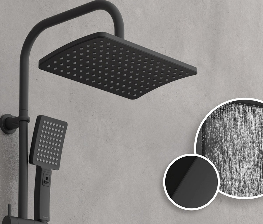 Schwarzes Überkopfbrause-Set »Mallorca« vor grauem Hintergrund.