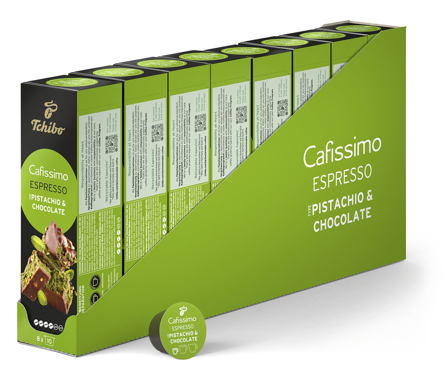 Eine Reihe von Packungen Cafsiismo Flavoured Espresso - Pistachio & Chocolate - 80 Kapseln.