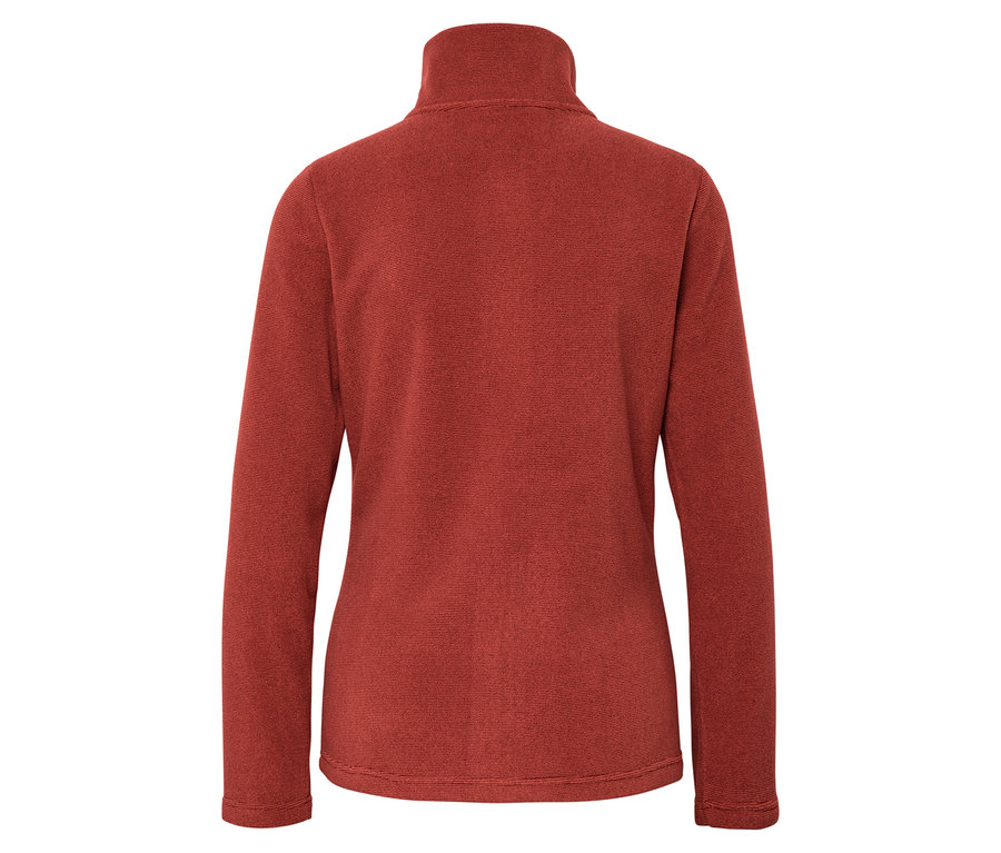 Rückansicht einer orangefarbenen Fleecejacke mit langen Ärmeln und Stehkragen.