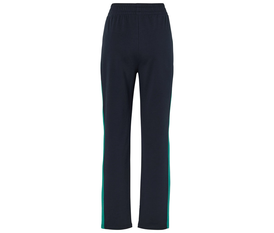 Dunkelblaue Trainingshose mit elastischem Bund und grünen Streifen an den Seiten.