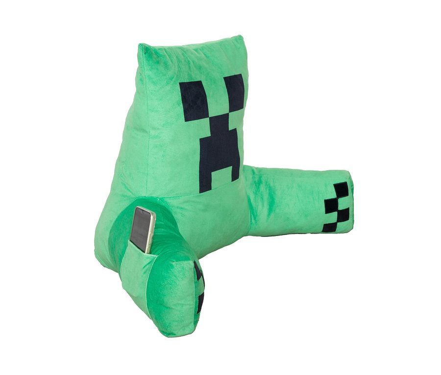 Grünes MINECRAFT Relaxkissen, Creeper mit Tasche, in der sich ein Handy befindet.
