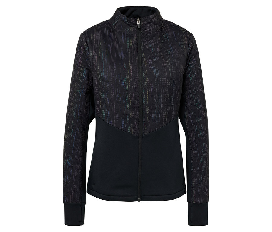 Schwarze Jacke mit Reißverschluss und Muster auf dem Oberteil.