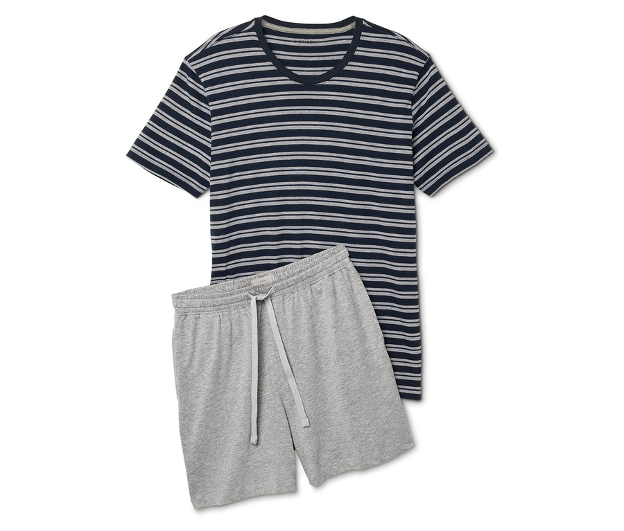 Gestreiftes Kurzarmshirt und graue Shorts mit Kordelzug.