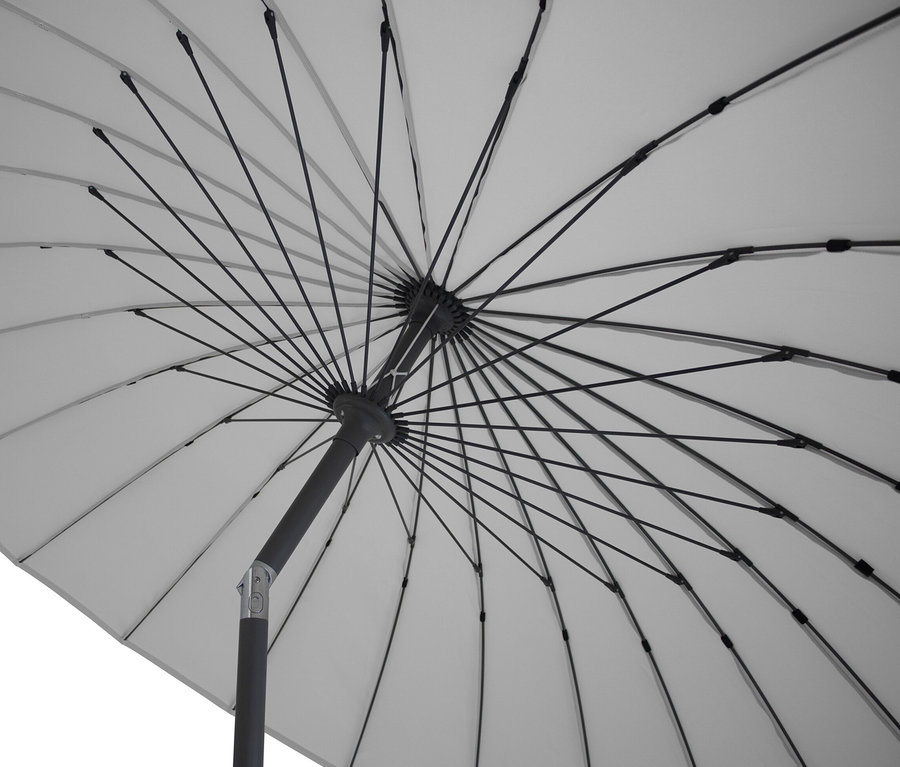 Ansicht von unten auf einen hellgrauen Leco Shanghai Sonnenschirm mit einem Durchmesser von 270 cm.