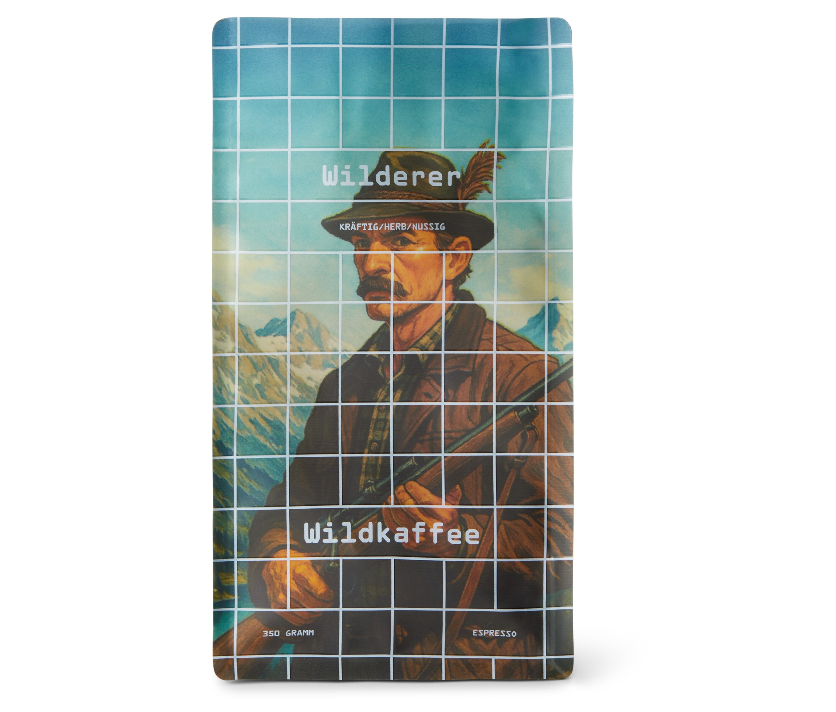 Eine Packung Wildkaffee - Wilderer Espresso - 350 g Ganze Bohne steht auf einem weißen Hintergrund.