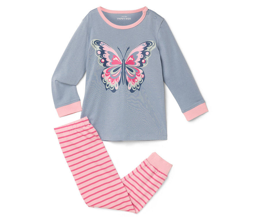 Blaues langärmeliges Pyjama-Set mit Schmetterlingsaufdruck und rosa gestreifter Hose.