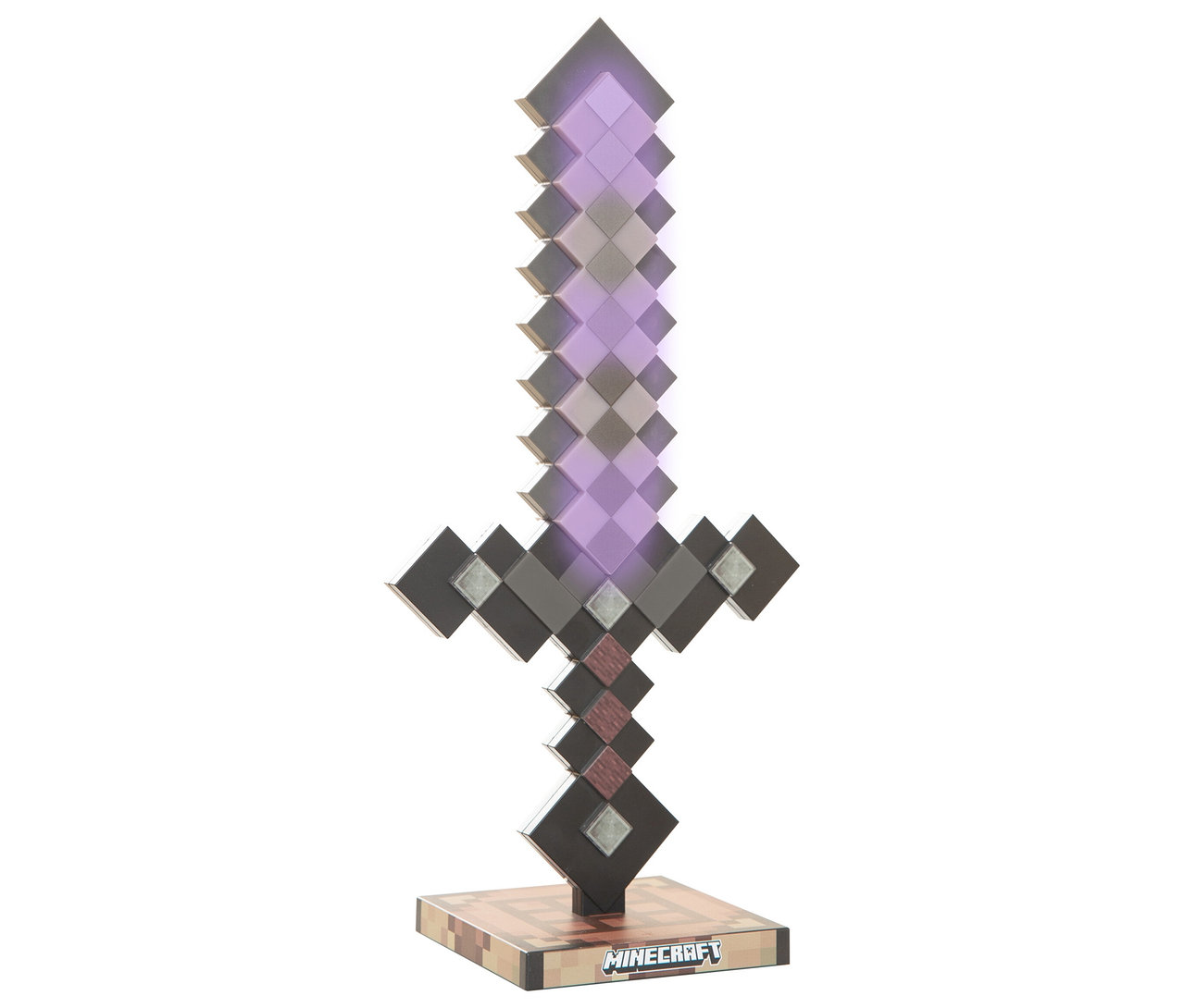 Nahaufnahme des Netherite MINECRAFT LED-Lichts, das auf einer Basis steht.