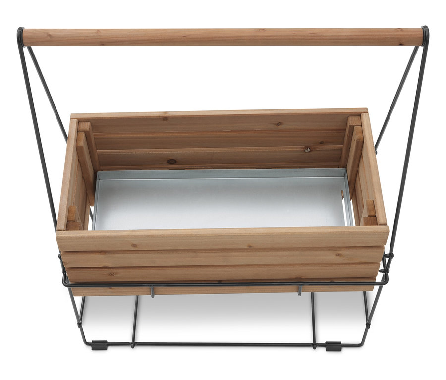 Draufsicht auf einen rechteckigen Pflanzkasten aus Holz mit Metalleinsatz und schwarzem Metallgestell.