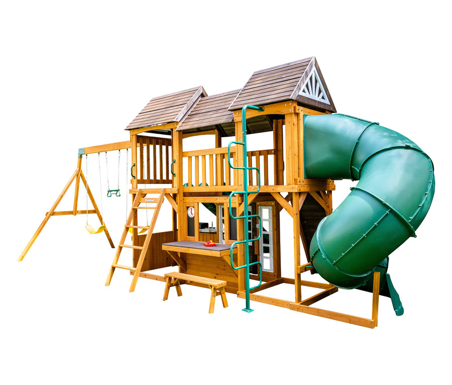 Holz-Spielturm »Bolzo« mit Rutsche, Schaukel und Klettergerüst.