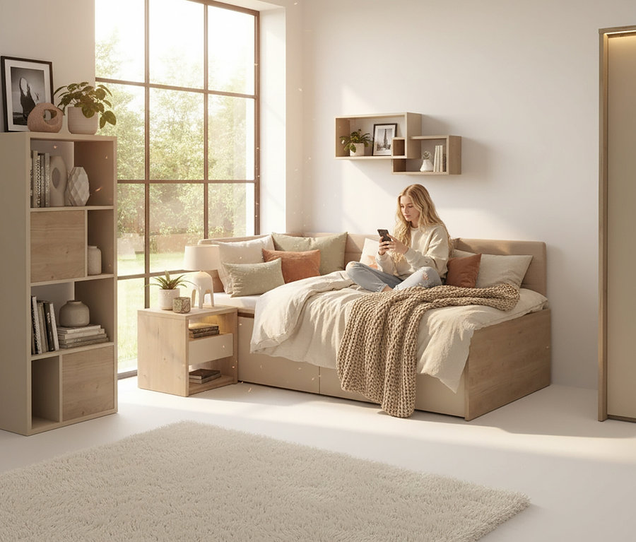 Frau sitzt auf einem Bett und benutzt ein Handy. Im Hintergrund befindet sich ein Roba Regal »Louisa«.