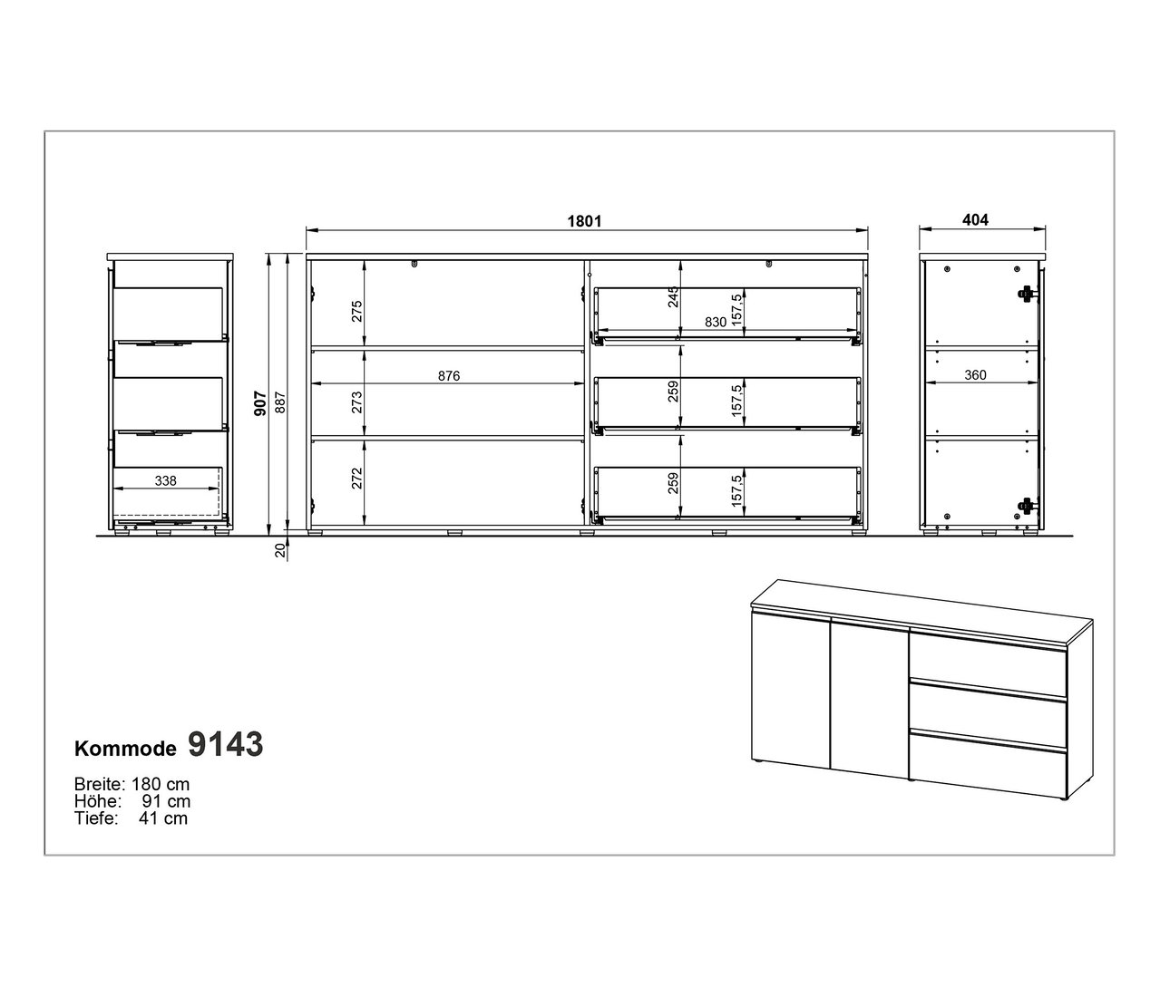 Technische Zeichnung des Sideboards »Cormano» mit Breiten-, Höhen- und Tiefenangaben.