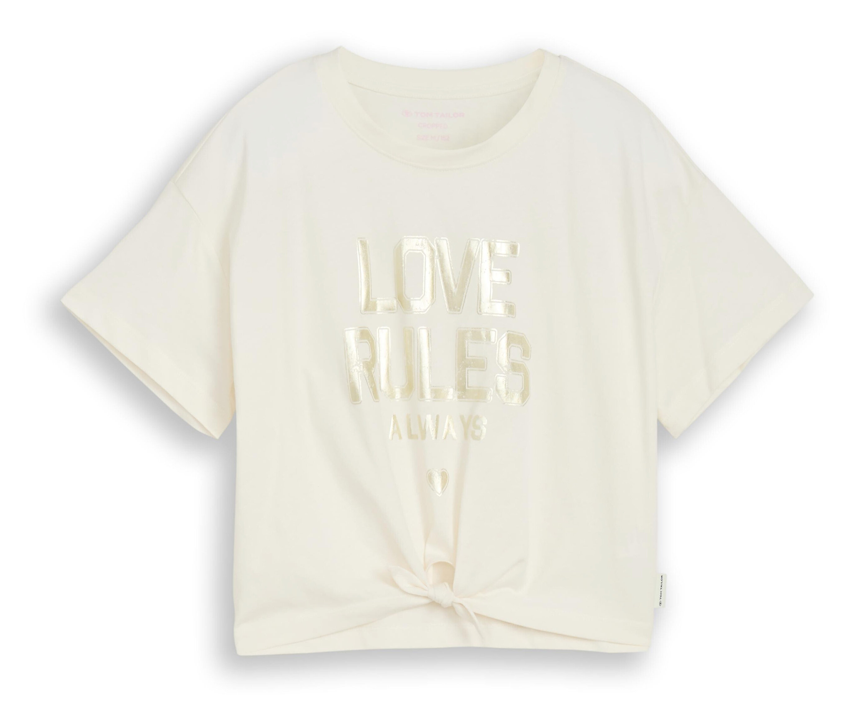 Ein cremefarbenes T-Shirt mit der Aufschrift "Love Rules Always" und einem Knoten vorne.