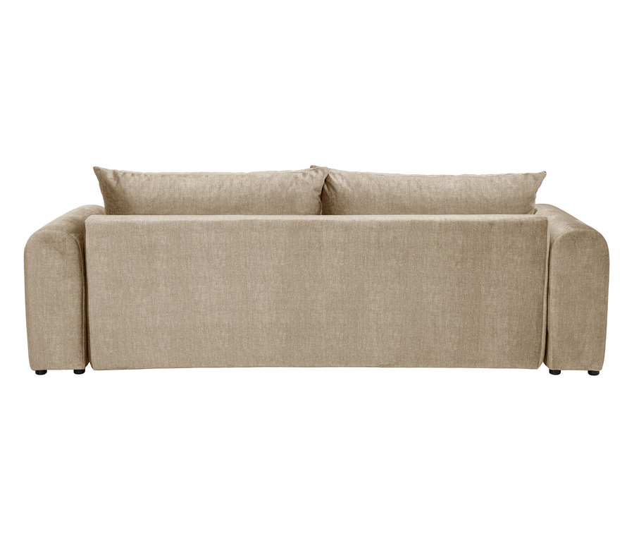 Rückansicht eines beigen Sofas mit zwei Kissen.