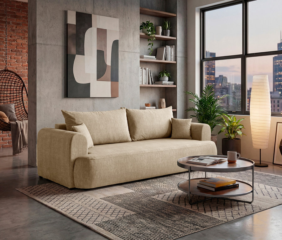 Beige Couch mit Kissen in einem Wohnzimmer mit Couchtisch und Teppich.