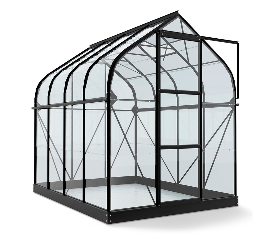 Vitavia-Gewächshaus »Orion 5000« mit Einscheibensicherheitsglas und geöffneter Tür.
