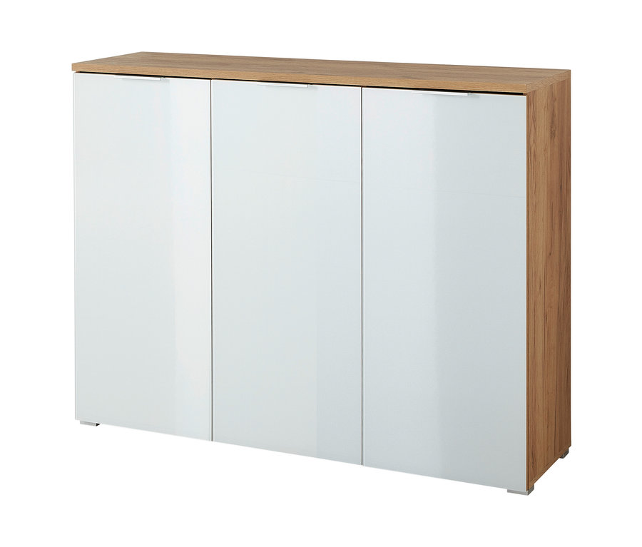 Ein dreitüriger Schuhschrank »Telde« mit weißen, glänzenden Türen und Holzrahmen.