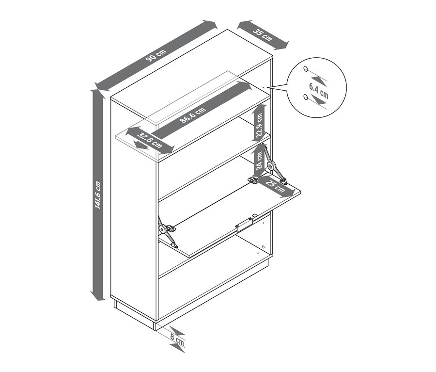 Abbildung eines Schuhschranks mit Klappe und Abmessungen.