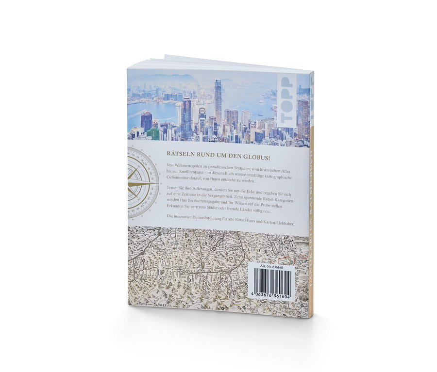 Buch "Landkarten Rätselbuch" mit einem Bild einer Stadt auf dem Cover.