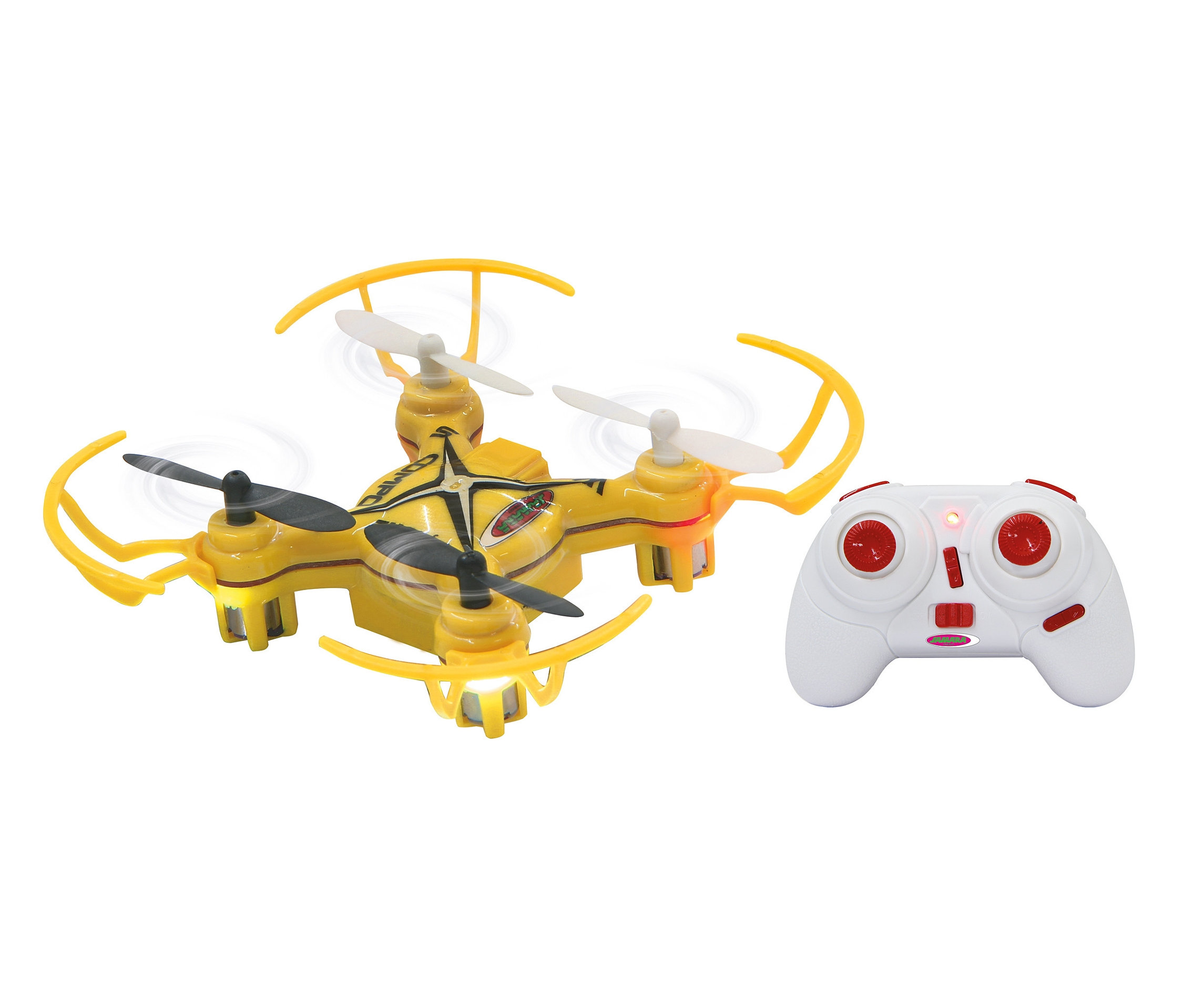 Gelber Jamara Compo-AHP-Quadrocopter, 2,4 GHz mit weißen Propellern und weißer Fernbedienung.