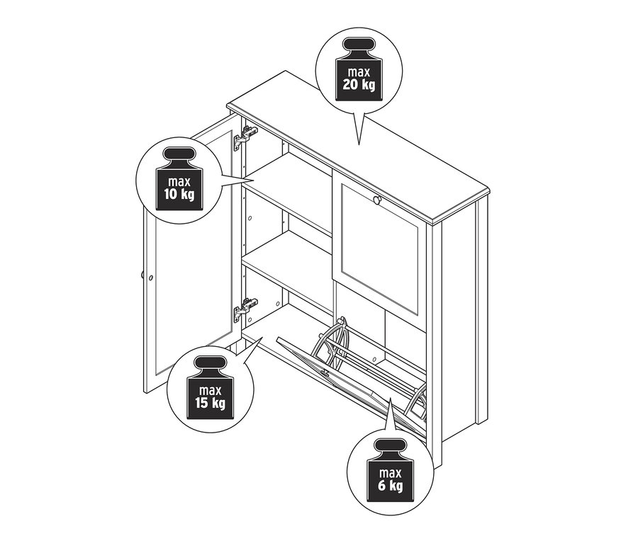 Zeichnung eines Schuhschranks mit Kippern und Gewichtsangaben.