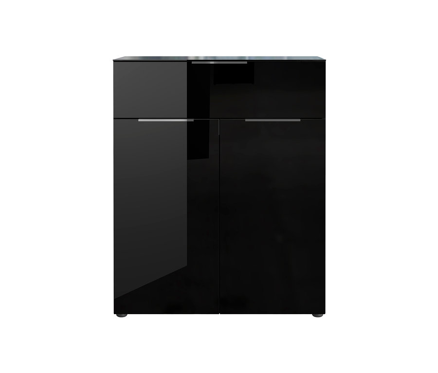 Detailaufnahme einer schwarzen Germania-Kommode »GW-Oakland« mit zwei Türen und einer Schublade.